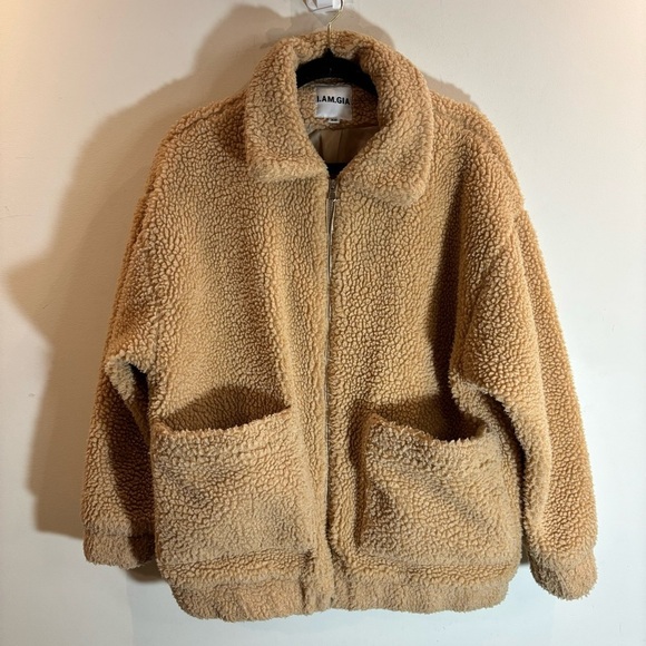 I AM GIA Sz XS Oversized Sherpa Teddy Tan Colourway Patch Pockets Jacket Coat - Picture 4 of 12